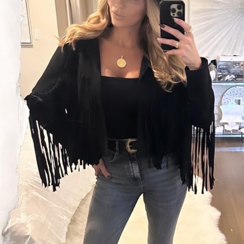 Boho Tassel faux suede women fringe jacket long sleeve jacket blazer festival